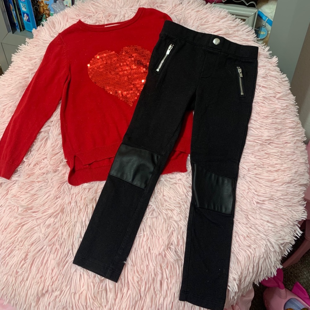 Red sweater with black leggings outfit